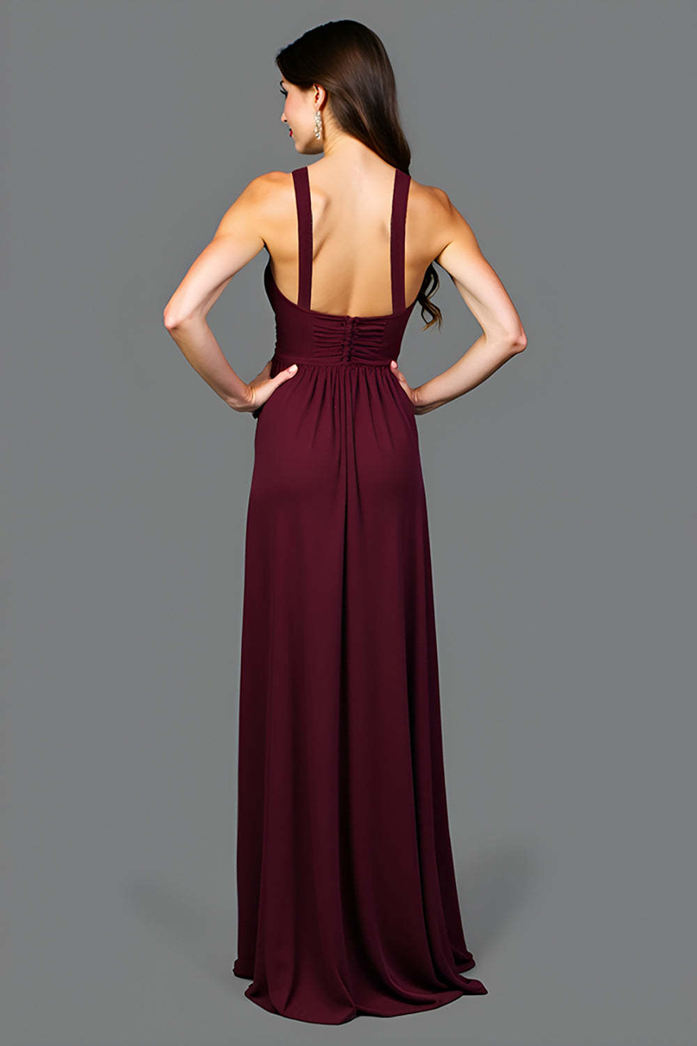A Line Cabernet Backless Ruched Long Formal Dress