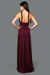 A Line Cabernet Backless Ruched Long Formal Dress