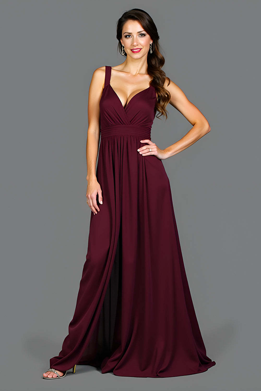 A Line Cabernet Backless Ruched Long Formal Dress