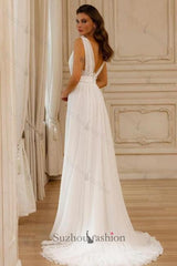 A Line Chiffon Lace V Neck Sleeveless White Wedding Dress Bridal Gown With Openback