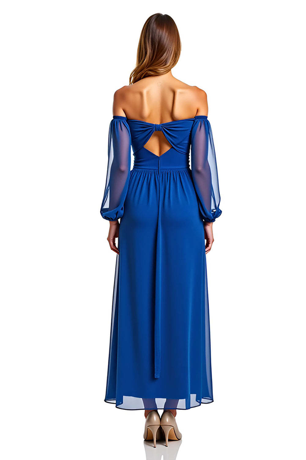 A Line Chiffon Royal Blue Wedding Guest Dress Long Formal Dress With Long Sleeves