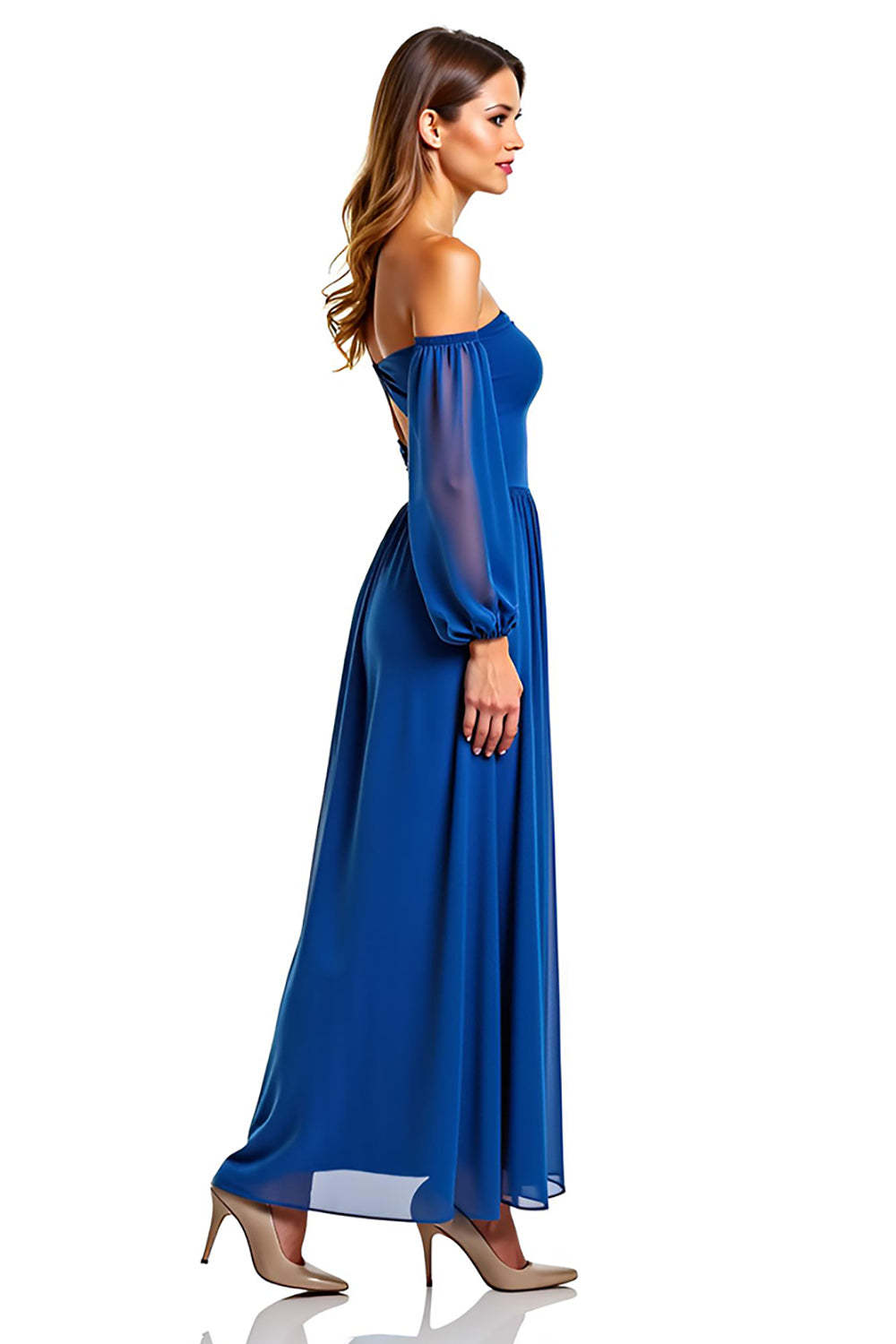 A Line Chiffon Royal Blue Wedding Guest Dress Long Formal Dress With Long Sleeves