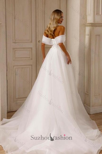 A Line Chiffon Tulle Off The Shoulder Sleeveless White Beach Wedding Dress Bridal Gown With Split Front