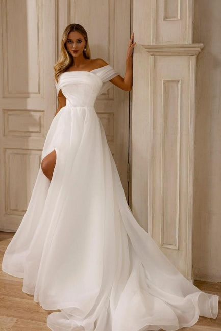 A Line Chiffon Tulle Off The Shoulder Sleeveless White Beach Wedding Dress Bridal Gown With Split Front