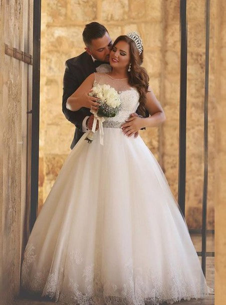 A-Line Crystal Floor Length Bridal Dress Crew Neck Plus Size Lace Wedding Dresses