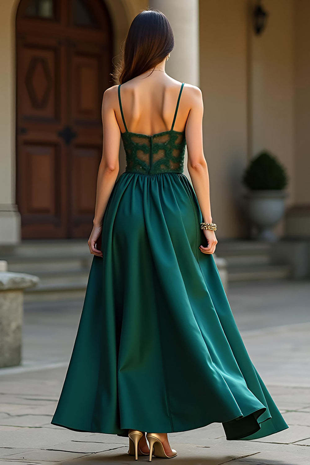 A Line Dark Green Wedding Guest Dress Satin Backless Long Formal Dress