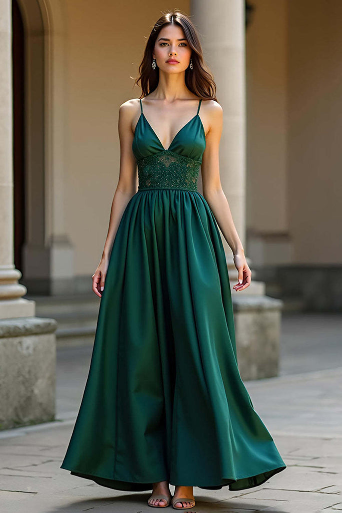 Suzhoufashion A Line Dark Green Wedding Guest Dress Satin Backless Long Formal Dress