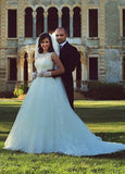A-Line Elegant White Lace Wedding Dress Tulle Formal Sweep Train Custom Made Bridal Gowns
