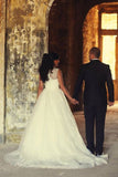 A-Line Elegant White Lace Wedding Dress Tulle Formal Sweep Train Custom Made Bridal Gowns