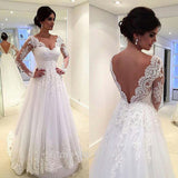 A-Line Elegant White Long Sleeve Bridal Gown Open Back Lace Plus Size Wedding Dress