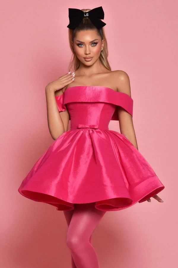 short fuchsia bridesmaid dresses Short Cute Backless Fuchsia Satin Prom Dresses, Backless Fuchsia Forma –  morievent main image 0