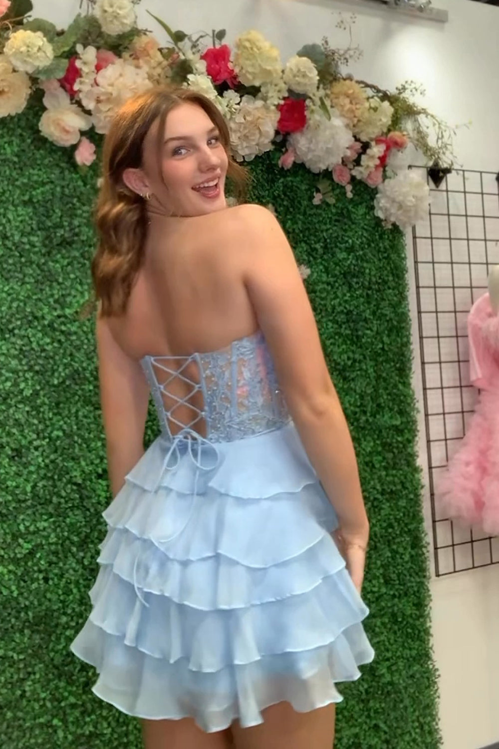 A Line Fuchsia Homecoming Dresses Corset Strapless Short Cocktail Dresses with Ruffles