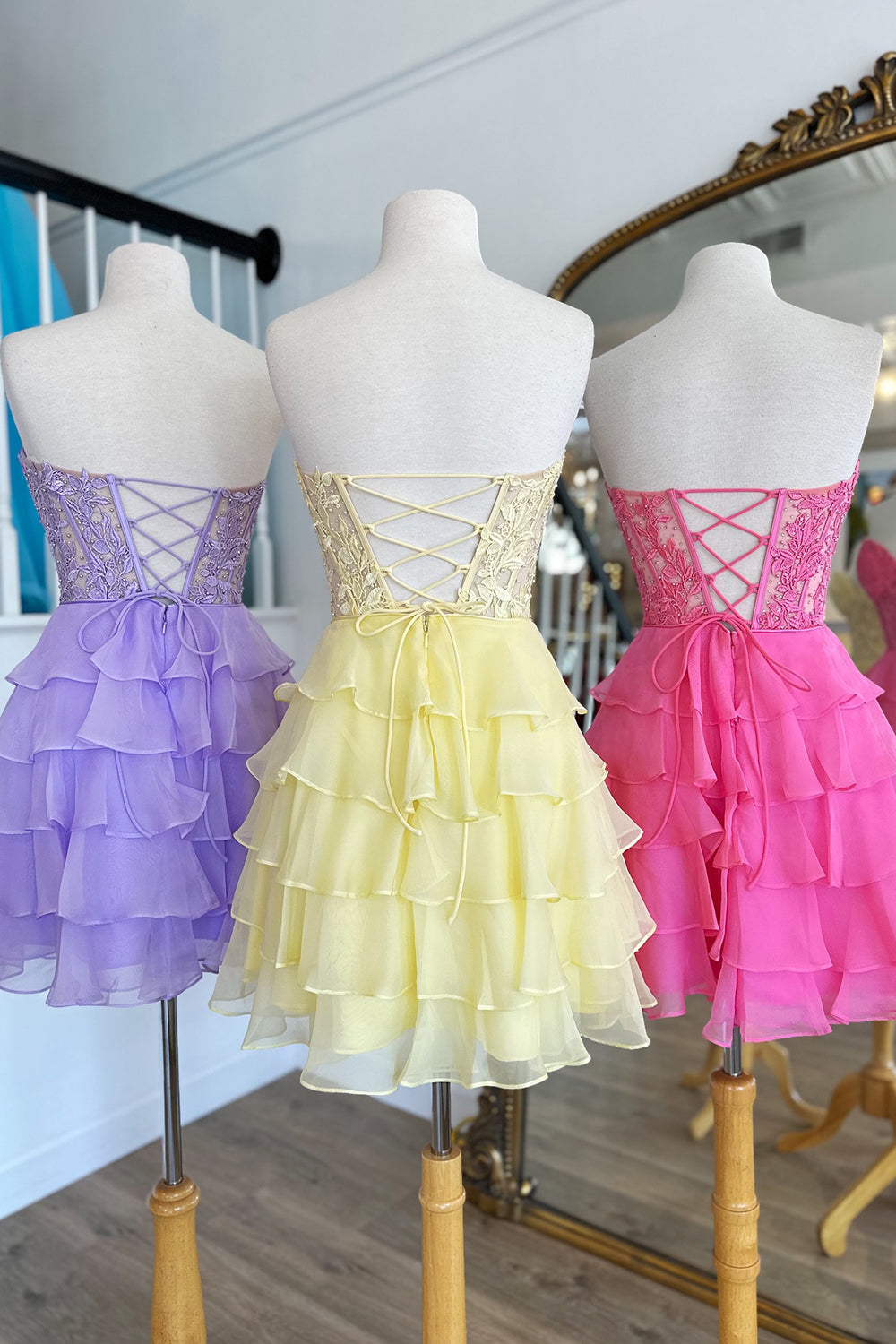 A Line Fuchsia Homecoming Dresses Corset Strapless Short Cocktail Dresses with Ruffles