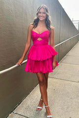 A-Line Fuchsia Homecoming Dresses Strapless Pleated Tiered Short Cocktail Dresses