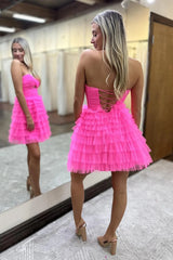 A-Line Fuchsia Homecoming Dresses Strapless Tiered Tulle Short Cocktail Dresses with Keyhole