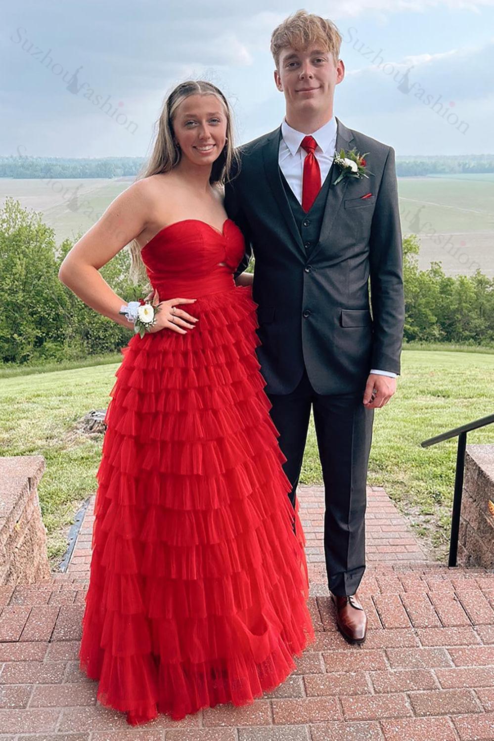 A-Line Fuchsia Prom Dress Tiered Sweetheart Hollow Out Long Formal Dress