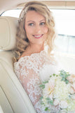 A Line Half Sleeve Lace Wedding Dress Off Shoulder V Back Bohemian Bridal Gown
