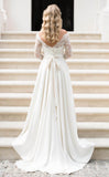 A Line Half Sleeve Lace Wedding Dress Off Shoulder V Back Bohemian Bridal Gown