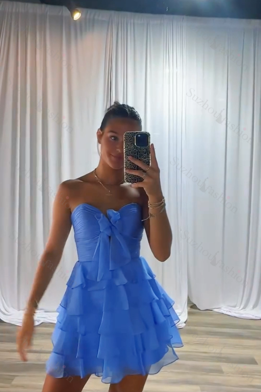 A Line Homecoming Dresses Blue Tulle Sweetheart Tiered Cocktail Dresses