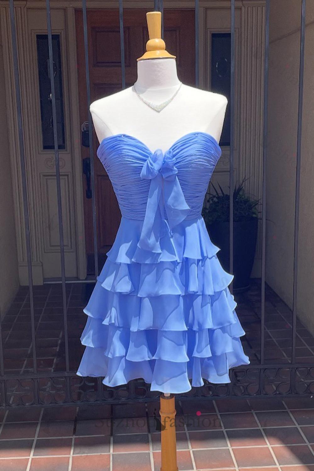 A Line Homecoming Dresses Blue Tulle Sweetheart Tiered Cocktail Dresses