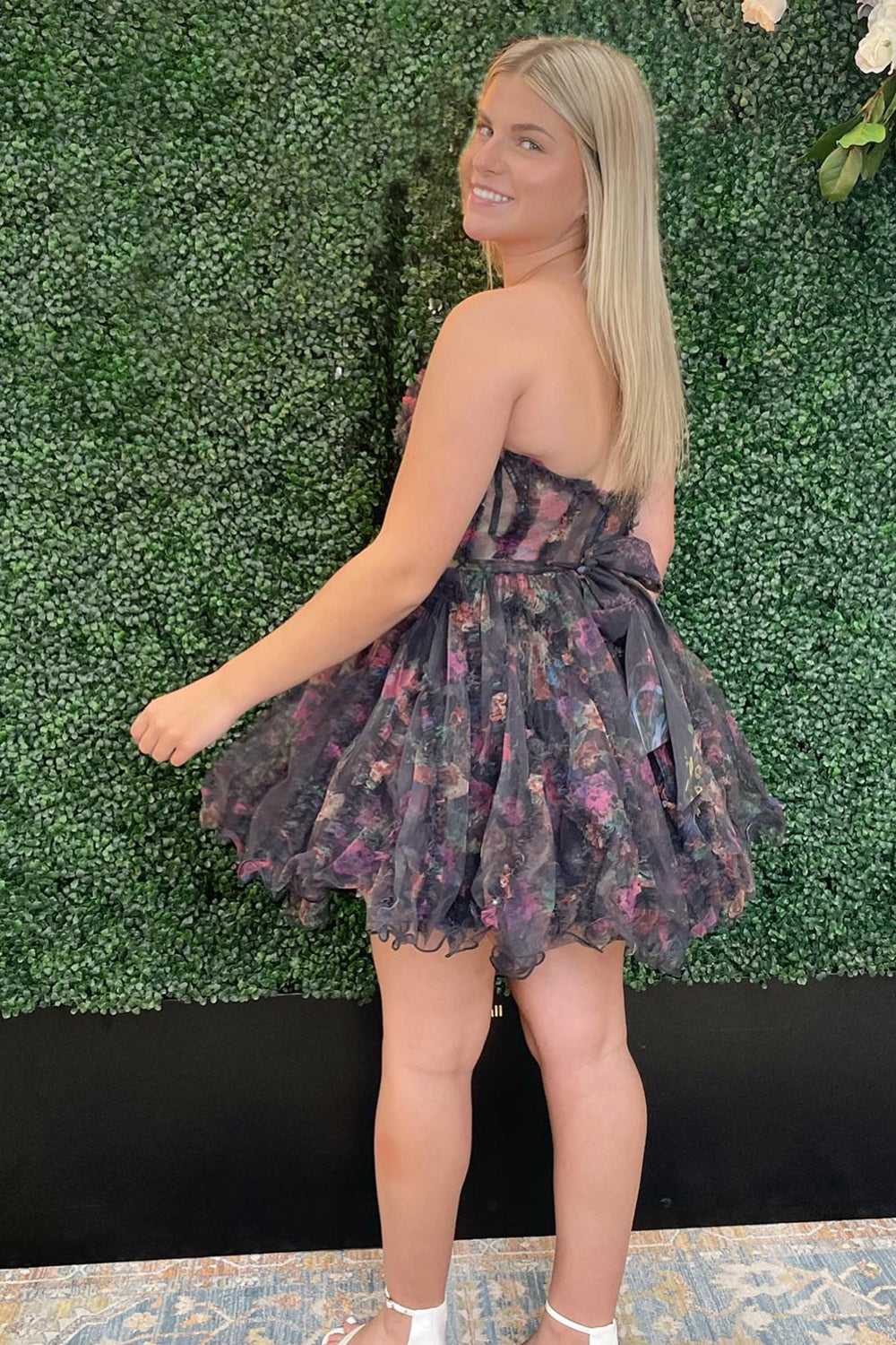 A-Line Homecoming Dresses Flower Sweetheart Corset Floral Prom Dress with Ruffles