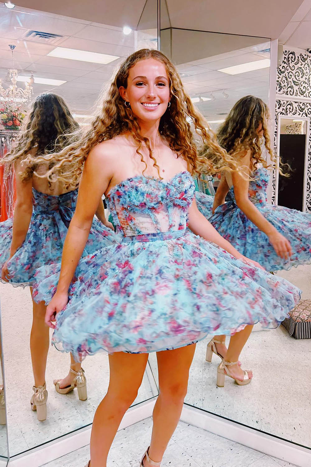 A-Line Homecoming Dresses Flower Sweetheart Corset Floral Prom Dress with Ruffles