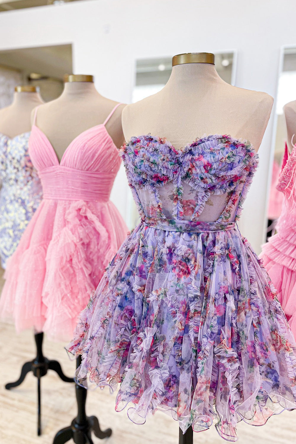 A-Line Homecoming Dresses Flower Sweetheart Corset Floral Prom Dress with Ruffles
