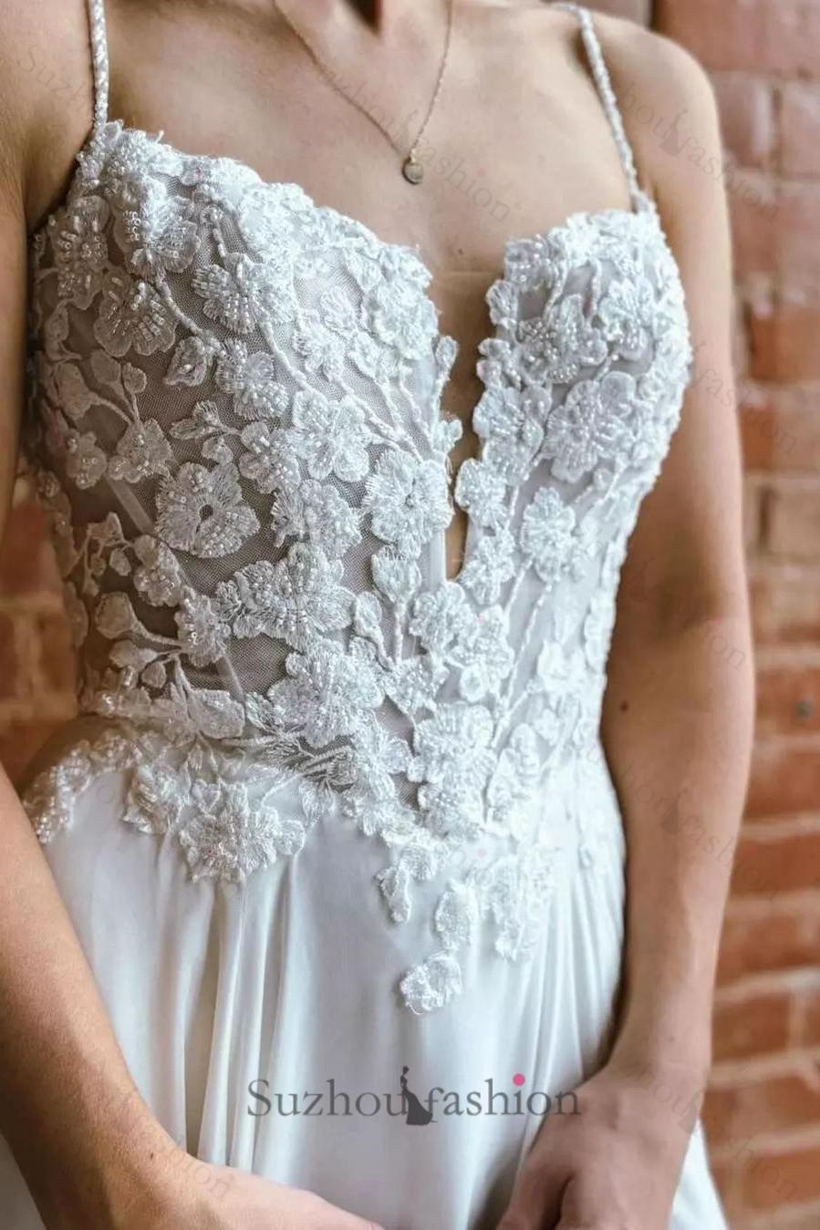 A Line Lace Spaghetti Straps Sleeveless White Beach Wedding Dress Bridal Gown With Split Train