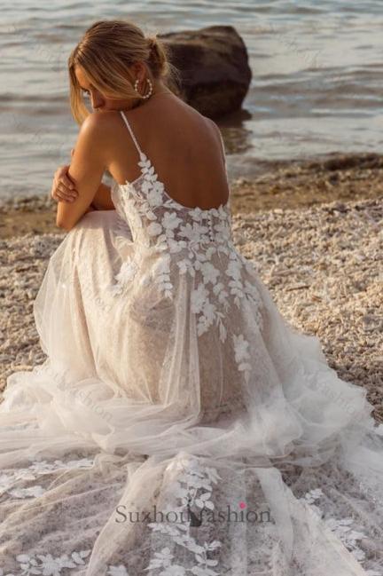 A Line Lace Spaghetti Straps Sleeveless White Wedding Dress Bridal Gown With Appliques