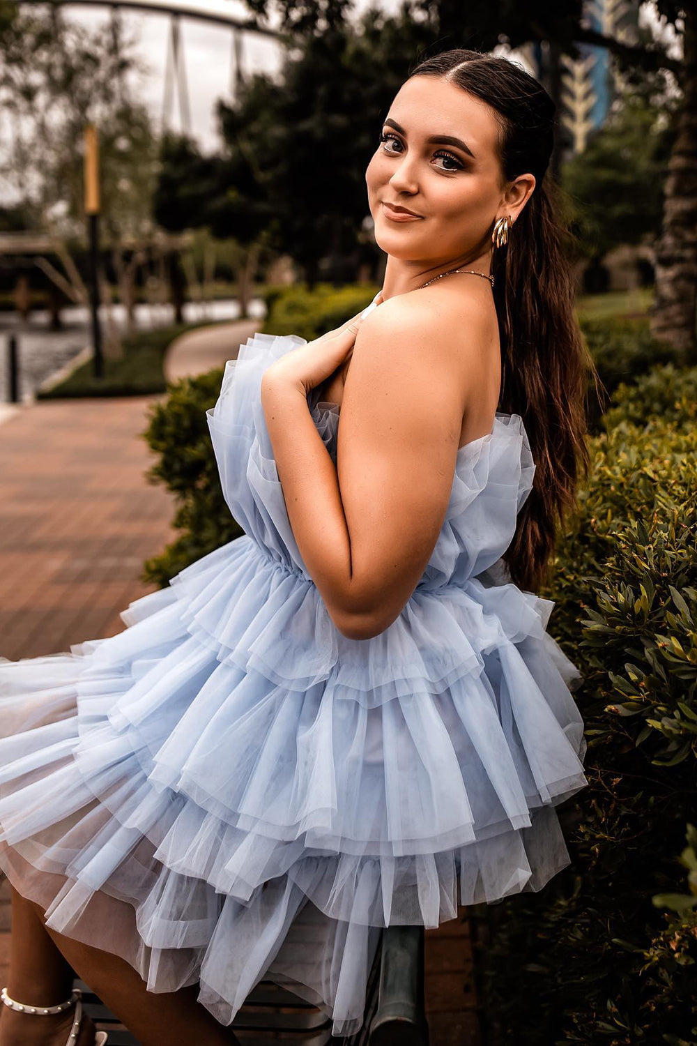 A-Line Light Blue Homecoming Dresses Strapless Tiered Tulle Short Cocktail Dresses