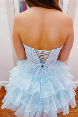 A-Line Light Blue Homecoming Dresses Sweetheart Corset Short Cocktail Dresses with Ruffles