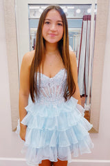 A-Line Light Blue Homecoming Dresses Sweetheart Corset Short Cocktail Dresses with Ruffles