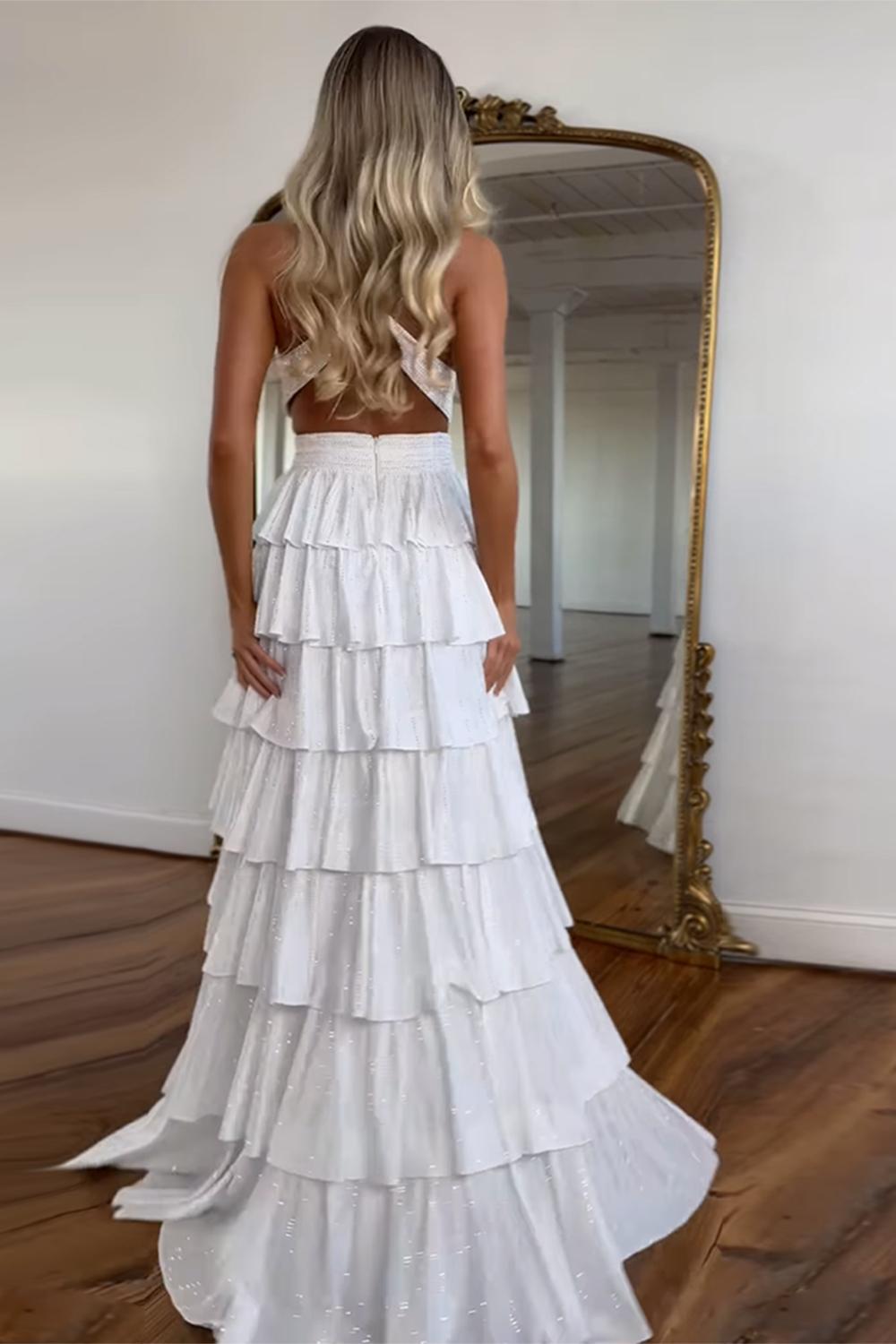 A-Line Lilac Prom Dress Tiered Halter Long Formal Dress With Slit