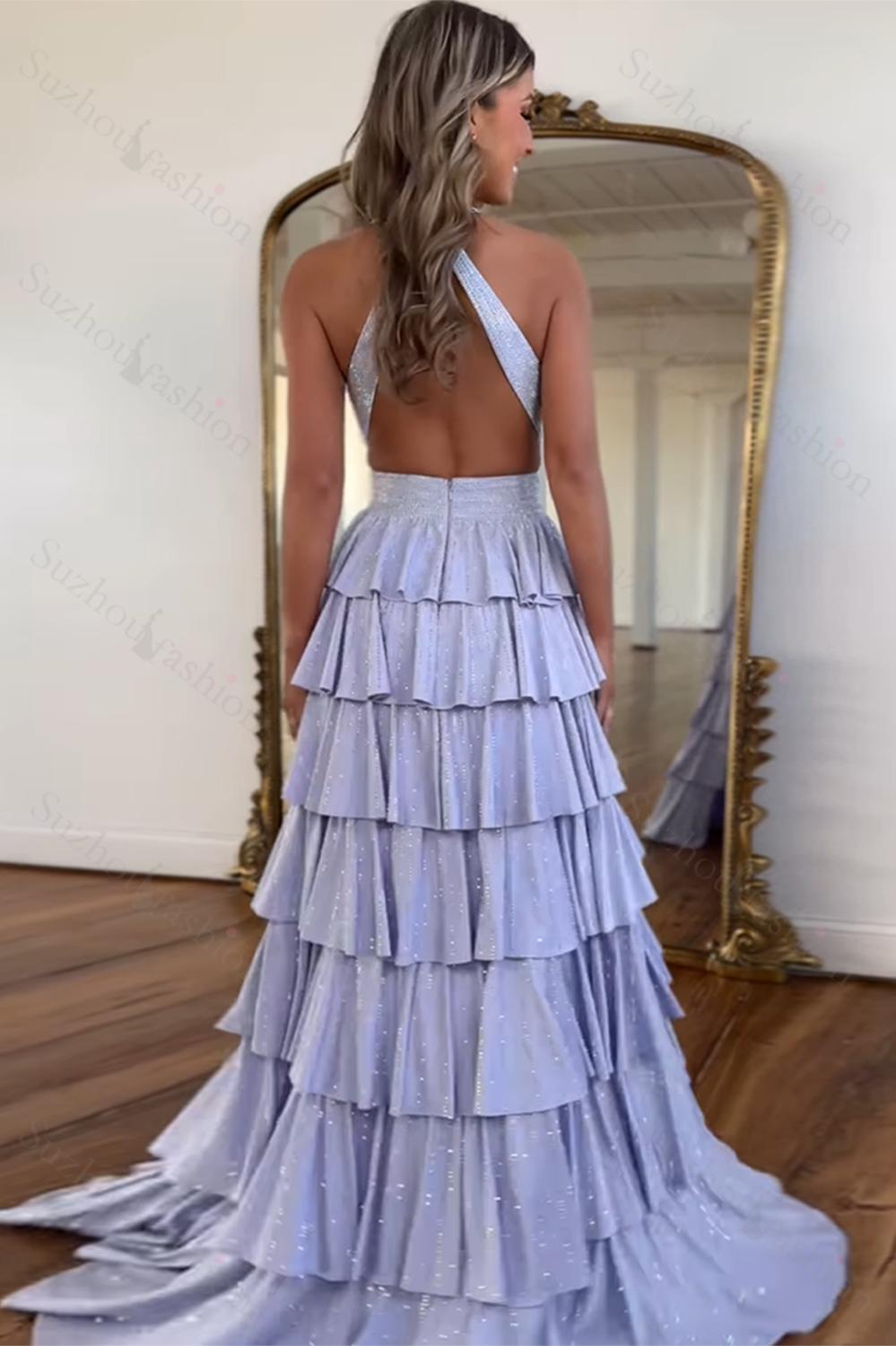 A-Line Lilac Prom Dress Tiered Halter Long Formal Dress With Slit