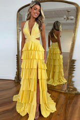 A-Line Lilac Prom Dress Tiered Halter Long Formal Dress With Slit