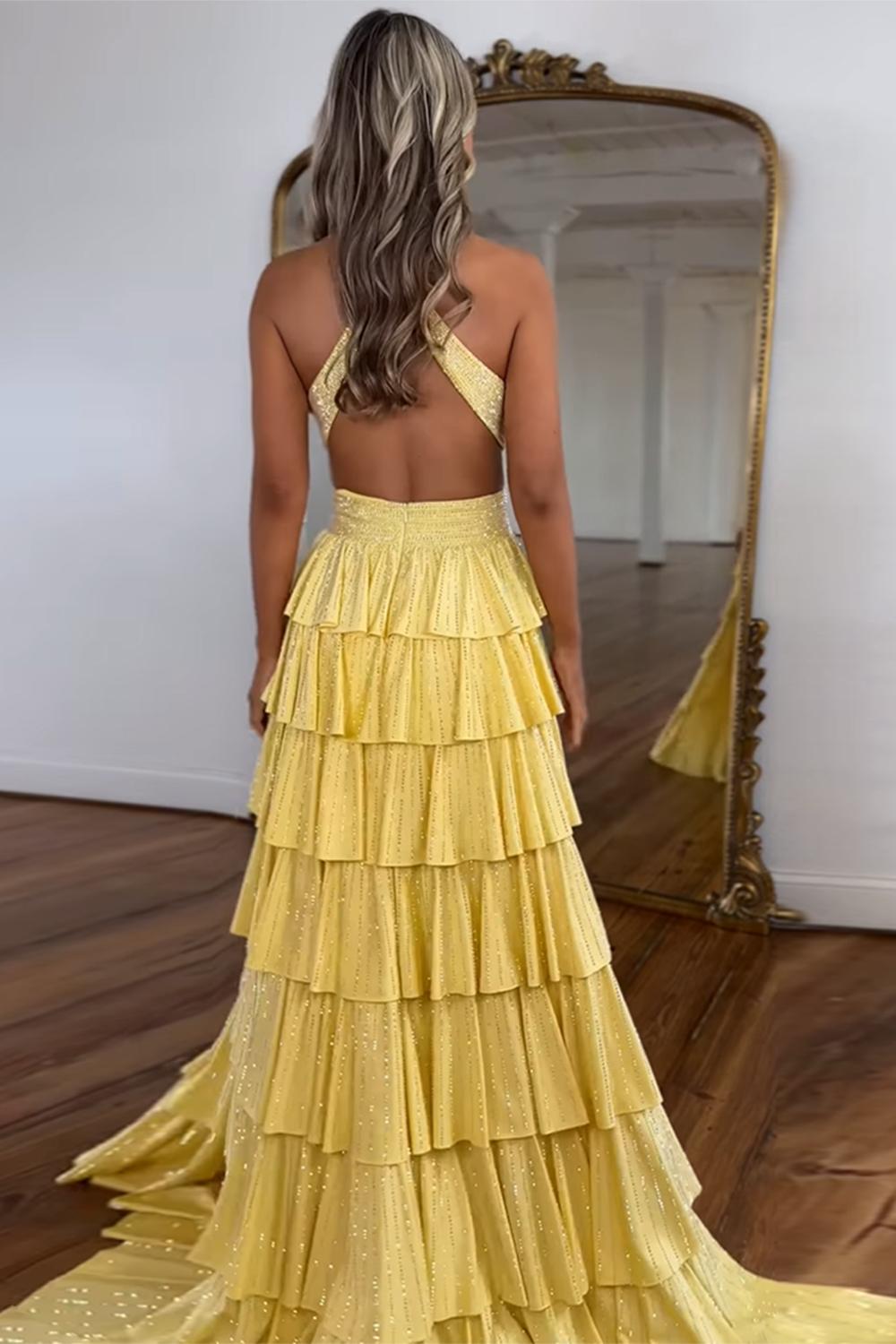 A-Line Lilac Prom Dress Tiered Halter Long Formal Dress With Slit
