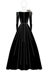 A-Line Long Black Wedding Guest Dress Satin Boat Neck Formal Dress With Long Sleeves