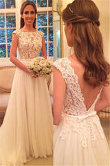 A-Line Long Chiffon Open Back Wedding Gowns Sleeveless Applique Elegant Wedding Dresses