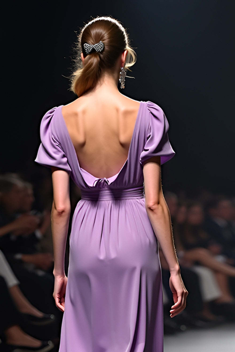 Suzhoufashion A Line Long Purple Wedding Guest Dress V-Neck Wedding Guest Dress With Short Sleeves
