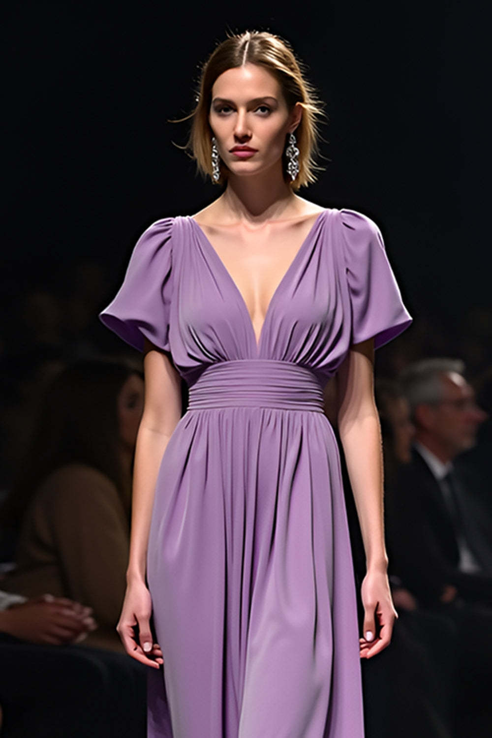 Suzhoufashion A Line Long Purple Wedding Guest Dress V-Neck Wedding Guest Dress With Short Sleeves