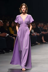 A Line Long Purple Wedding Guest Dress V-Neck Wedding Guest Dress With Short Sleeves