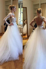 A-Line Long Sleeve Open Back Wedding Dress Gorgeous Lace Applique Tulle Bridal Gowns