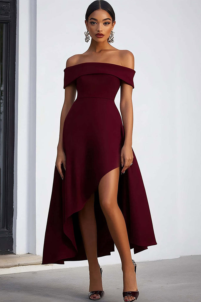 ZAPAKA Women Off the Shoulder Formal Dress Sheath Burgundy Crepe Tea Length Party Dress, Burgundy / US2