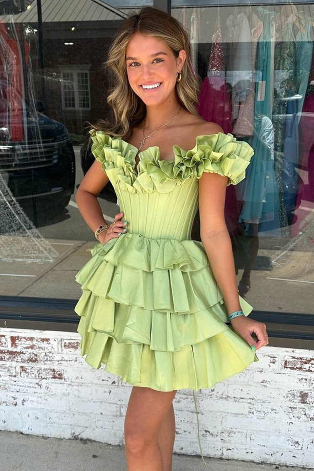 A -Line Off The Shoulder Golden Homecoming Dresses Corset Short Cocktail Dresses with Ruffles