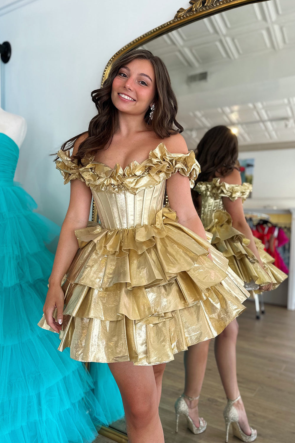 A -Line Off The Shoulder Golden Homecoming Dresses Corset Short Cocktail Dresses with Ruffles