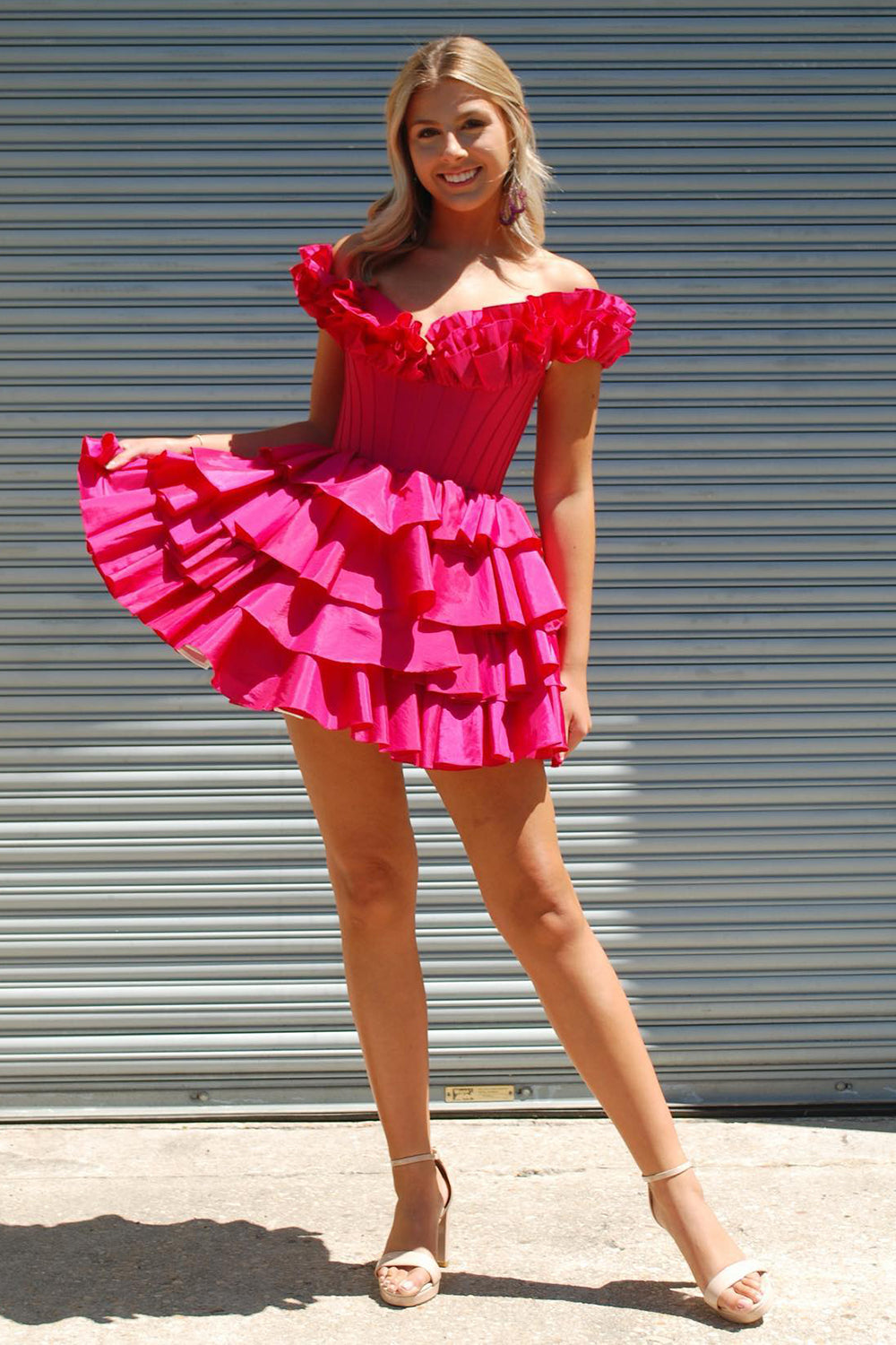 A -Line Off The Shoulder Golden Homecoming Dresses Corset Short Cocktail Dresses with Ruffles