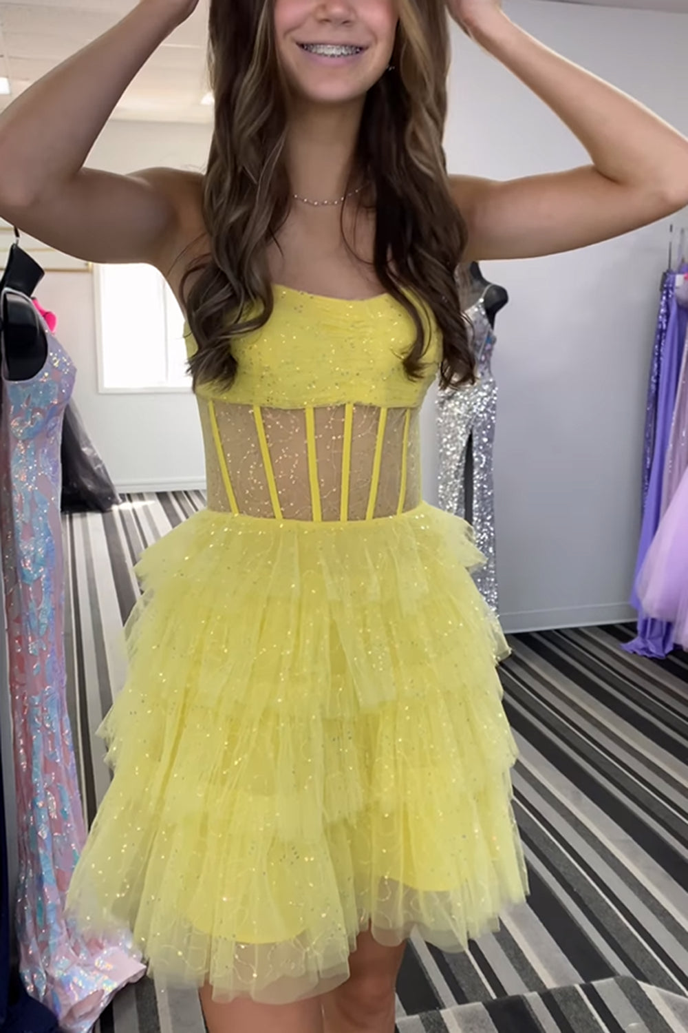 A-Line Pink Homecoming Dresses Corset Tiered Tulle Short Cocktail Dresses