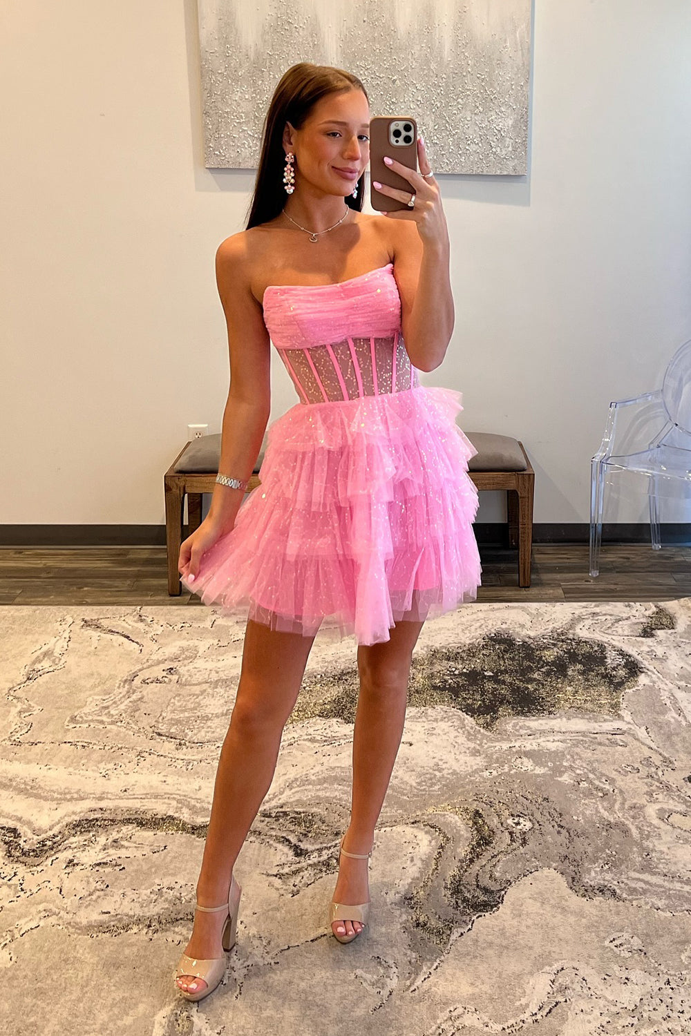 pink hoco dress corset Dressime Woman Cute Pink Homecoming Dress A Line Strapless Corset Bodice Printed Bubble Mini Cocktail Dress dressime