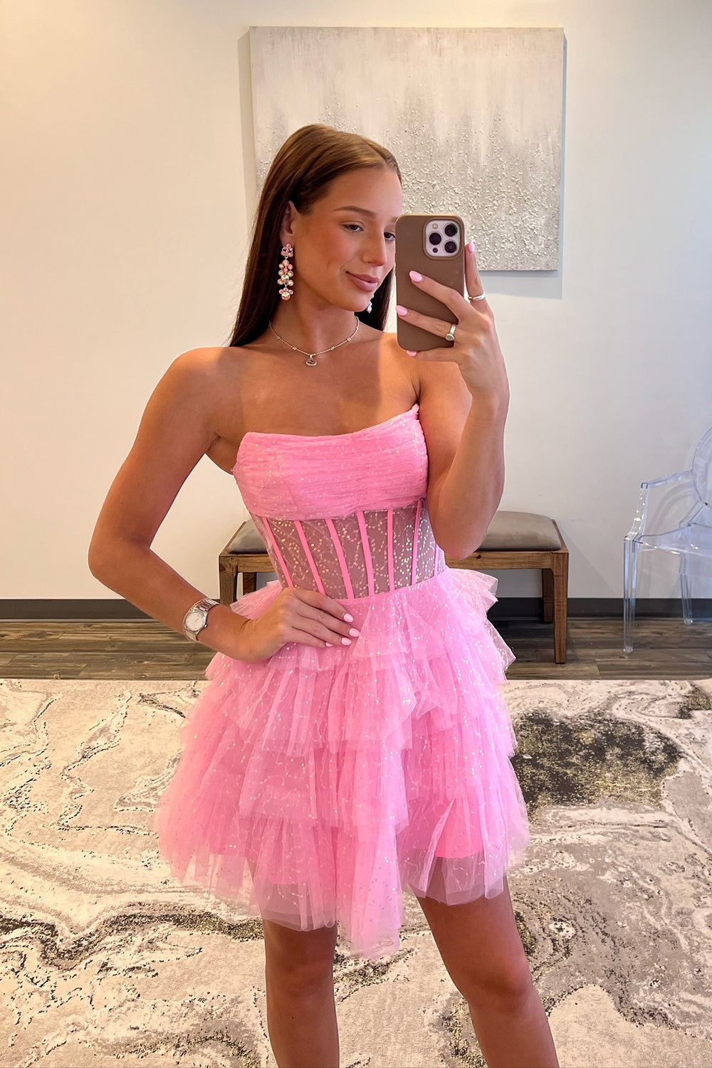 A-Line Pink Homecoming Dresses Corset Tiered Tulle Short Cocktail Dresses