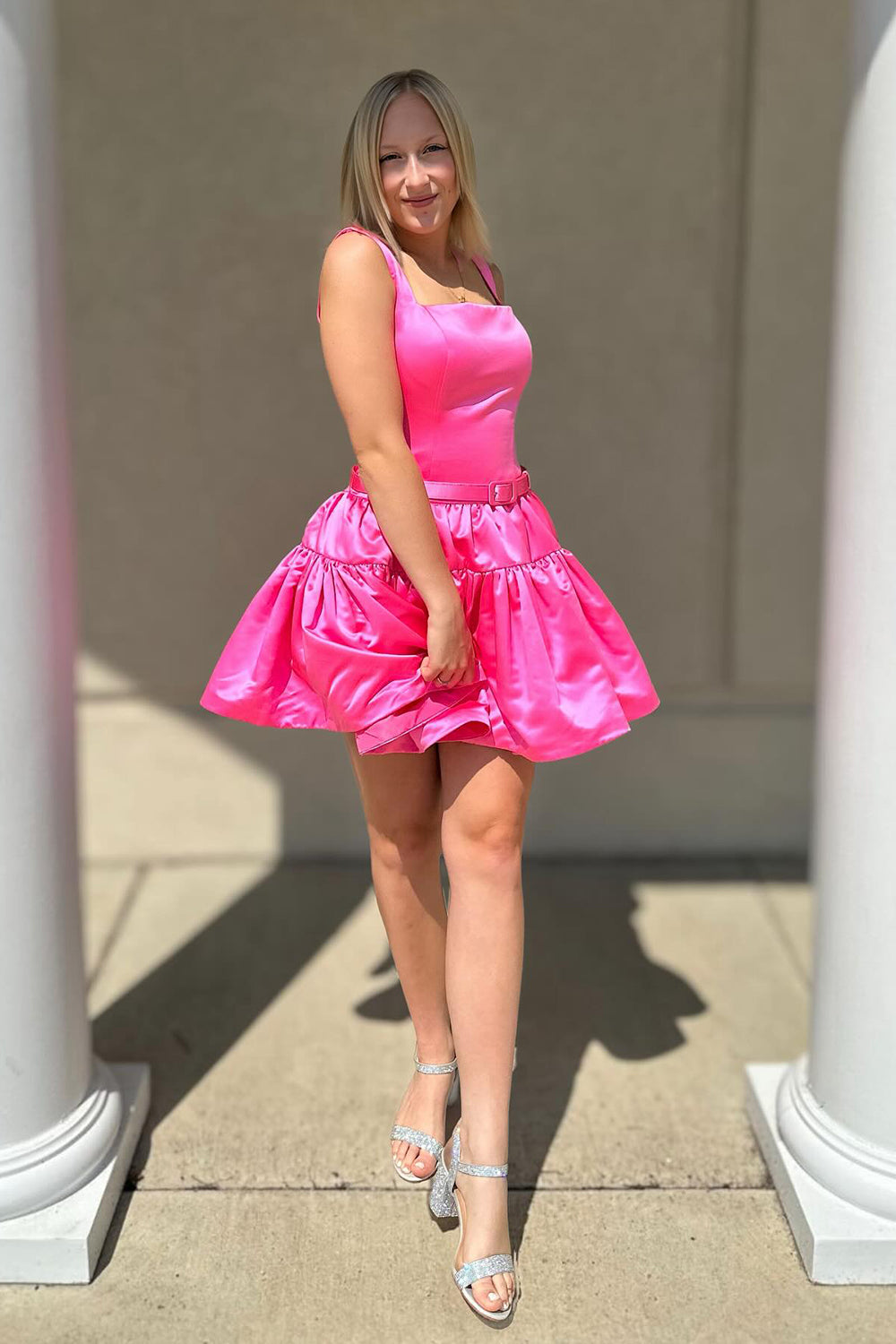 A-Line Pink Homecoming Dresses Square Neck Ruffles Short Cocktail Dresses with Belt